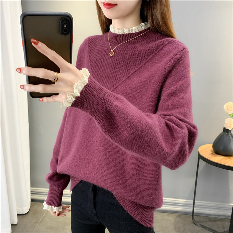 半高领拼接蕾丝毛衣女 冬季新款内搭针织打底衫纯色保暖套头毛衣