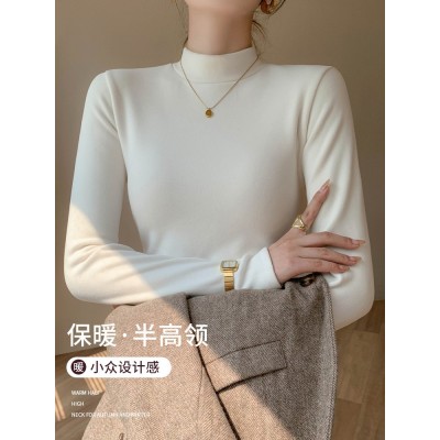 加绒加厚半高领羊绒打底衫女秋冬季桑蚕丝中领内搭纯色保暖上衣