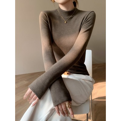 加绒加厚半高领羊绒打底衫女秋冬季桑蚕丝中领内搭纯色保暖上衣图2