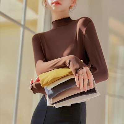 严选秋冬新款木耳边打底衫女秋冬新款椰油面膜衣内搭修身上衣长袖