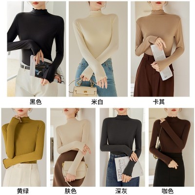 严选秋冬新款木耳边打底衫女秋冬新款椰油面膜衣内搭修身上衣长袖图5