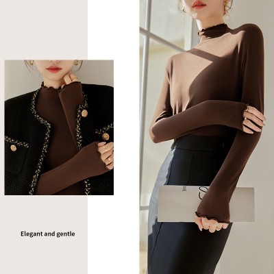 严选秋冬新款木耳边打底衫女秋冬新款椰油面膜衣内搭修身上衣长袖图2