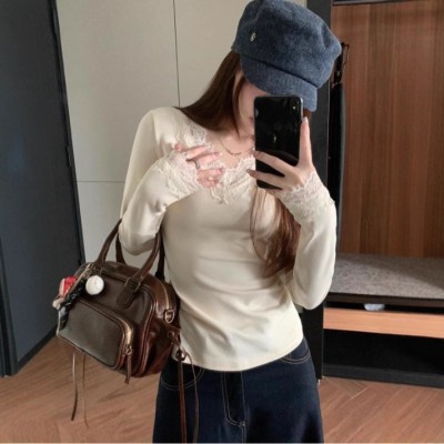 纯欲感蕾丝拼接领德绒长袖打底衫女2025秋冬内搭弹力V领T恤上衣潮图4