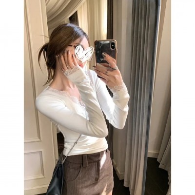 纯欲感蕾丝拼接领德绒长袖打底衫女2025秋冬内搭弹力V领T恤上衣潮图3