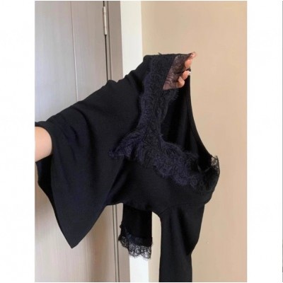 纯欲感蕾丝拼接领德绒长袖打底衫女2025秋冬内搭弹力V领T恤上衣潮