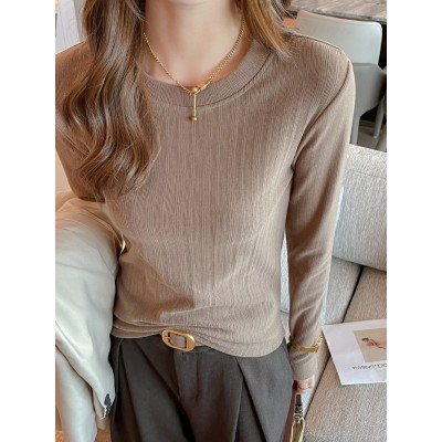新款螺纹小圆领打底衫女内搭高级感秋冬季长袖t恤可外穿德绒上衣图2