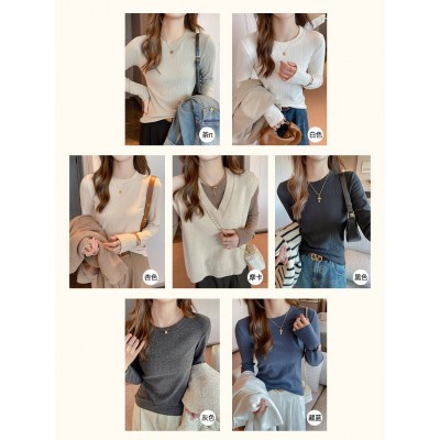 新款螺纹小圆领打底衫女内搭高级感秋冬季长袖t恤可外穿德绒上衣