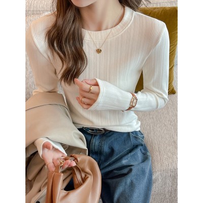 新款螺纹小圆领打底衫女内搭高级感秋冬季长袖t恤可外穿德绒上衣图3