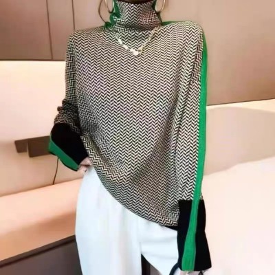 外贸跨境秋冬设计感慵懒宽松撞色袖全仿羊毛高领针织衫毛衣女秋冬图4