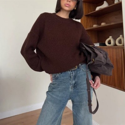 宽松纯色破洞毛衣中长款秋冬欧美爆款2025年春秋圆领套头长袖针织图4