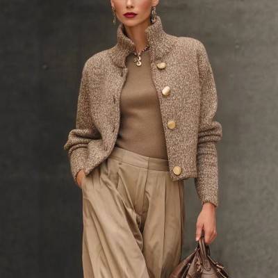 2025秋季新款夹克高领纽扣毛衣开衫外套图3