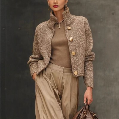 2025秋季新款夹克高领纽扣毛衣开衫外套