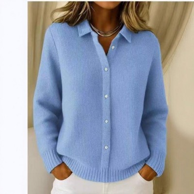 2025欧美跨境纽扣针织翻领毛衣开衫外套秋冬新款纯色休闲时尚女装