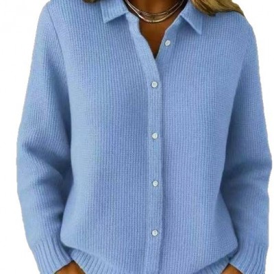 2025欧美跨境纽扣针织翻领毛衣开衫外套秋冬新款纯色休闲时尚女装图5