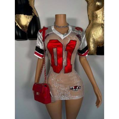 欧美跨境新款女装时尚性感辣妹蕾丝透视刺绣字母短袖V领连衣裙女