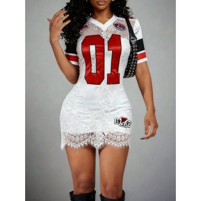 欧美跨境新款女装时尚性感辣妹蕾丝透视刺绣字母短袖V领连衣裙女图2