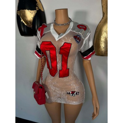 欧美跨境新款女装时尚性感辣妹蕾丝透视刺绣字母短袖V领连衣裙女图3