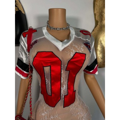 欧美跨境新款女装时尚性感辣妹蕾丝透视刺绣字母短袖V领连衣裙女图4