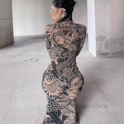 欧美跨境女装2023秋季新款时尚网纱印花透视高领修身显瘦连衣裙女图2