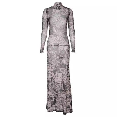 欧美跨境女装2023秋季新款时尚网纱印花透视高领修身显瘦连衣裙女图5