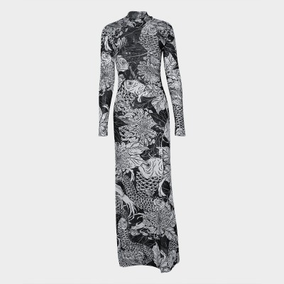 欧美跨境女装2023秋季新款时尚网纱印花透视高领修身显瘦连衣裙女图4