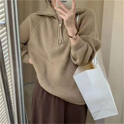 2025秋冬新款拉链套头毛衣女设计感立领坑条宽松慵懒风外穿针织衫图3