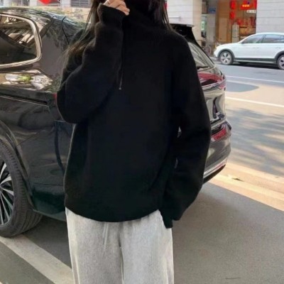 2025秋冬新款拉链套头毛衣女设计感立领坑条宽松慵懒风外穿针织衫图4