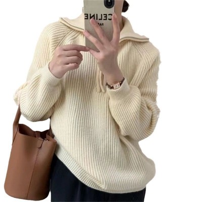 2025秋冬新款拉链套头毛衣女设计感立领坑条宽松慵懒风外穿针织衫图5