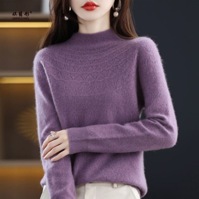一线成衣无缝纯羊毛2025秋冬新款女装半高领镂空短款打底针织毛衣