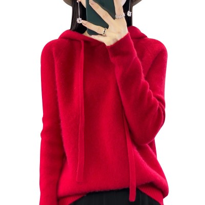 一线成衣100%纯羊毛2025秋冬新女短款纯色帽衫套头打底针织衫毛衣图5