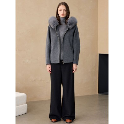 2025秋冬连帽大衣狐狸毛领休闲羊驼毛外套小个子双面呢羊毛大衣女图2