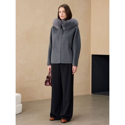 2025秋冬连帽大衣狐狸毛领休闲羊驼毛外套小个子双面呢羊毛大衣女图3