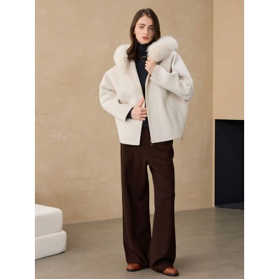 2025秋冬连帽大衣狐狸毛领休闲羊驼毛外套小个子双面呢羊毛大衣女图5