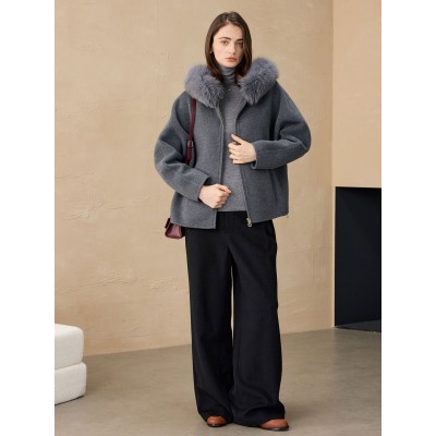 2025秋冬连帽大衣狐狸毛领休闲羊驼毛外套小个子双面呢羊毛大衣女图4