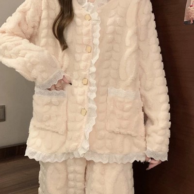 珊瑚绒睡衣女秋冬新款韩版甜美小香风蕾丝花边加厚保暖家居服套装图3