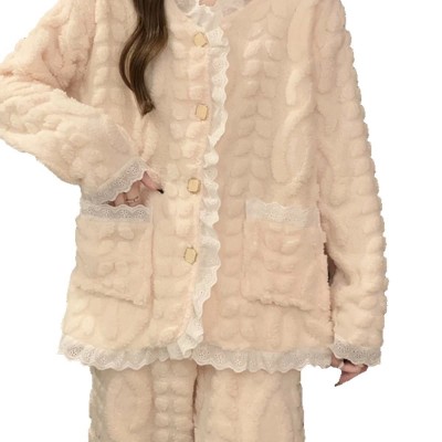 珊瑚绒睡衣女秋冬新款韩版甜美小香风蕾丝花边加厚保暖家居服套装图5