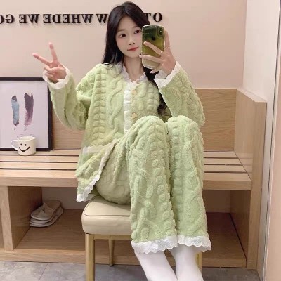 珊瑚绒睡衣女秋冬新款韩版甜美小香风蕾丝花边加厚保暖家居服套装图2