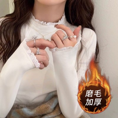 花边拼接半高领打底衫女秋冬双面磨毛修身设计感针织衫内搭上衣女图2