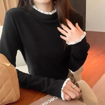 花边拼接半高领打底衫女秋冬双面磨毛修身设计感针织衫内搭上衣女图3