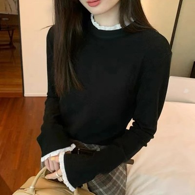 花边拼接半高领打底衫女秋冬双面磨毛修身设计感针织衫内搭上衣女图4