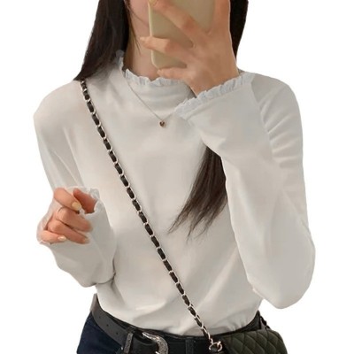 花边拼接半高领打底衫女秋冬双面磨毛修身设计感针织衫内搭上衣女图5