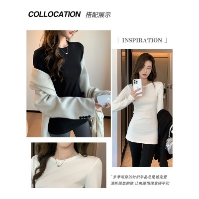 K2636棉正肩长袖T恤女士秋冬季内搭中长款打底衫辣妹外穿修身上衣图5