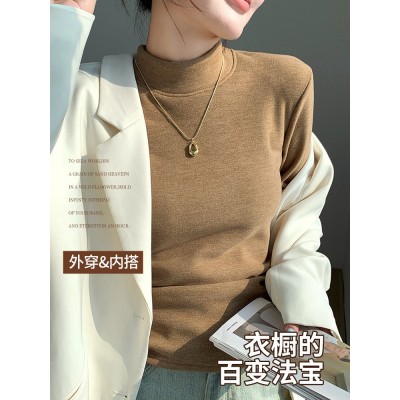 H252椰绒半高领打底衫女秋冬季内搭修身加绒加厚防风保暖长袖上衣