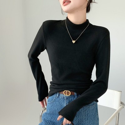 H252椰绒半高领打底衫女秋冬季内搭修身加绒加厚防风保暖长袖上衣图5