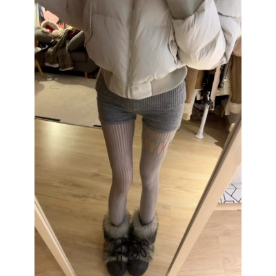 美式复古灰色绒感针织短裤女新款修身百搭设计感翻边宽腰头超短裤图3