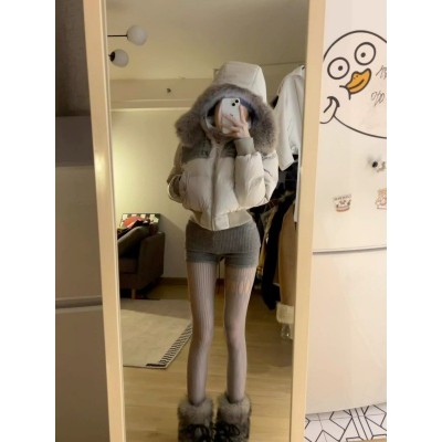 美式复古灰色绒感针织短裤女新款修身百搭设计感翻边宽腰头超短裤图4