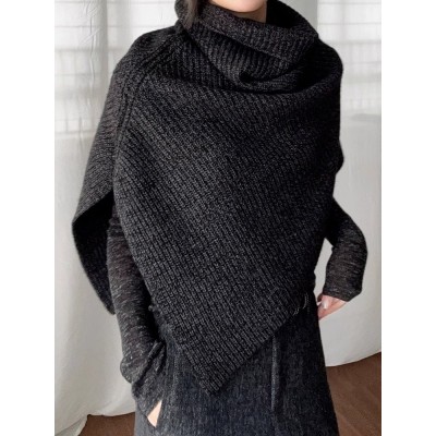 深灰色高领针织围巾女冬季高级感叠穿开叉套头脖套披肩斗篷围脖厚图3