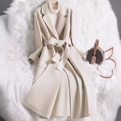 日韩外贸大衣女中长款2024秋冬新款时尚米白色气质修身毛呢外套女图2