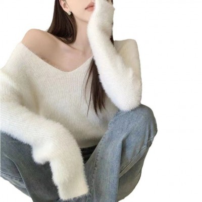 长袖仿貂毛针织打底衫女2025秋冬慵懒风v领软糯毛衣套头短款上衣图5