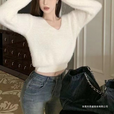 长袖仿貂毛针织打底衫女2025秋冬慵懒风v领软糯毛衣套头短款上衣图2